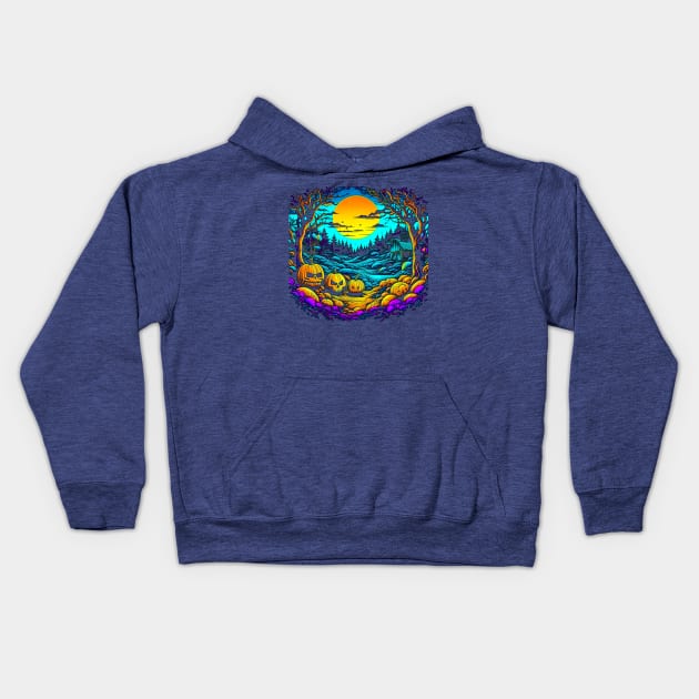 Trippy Night of the Pumpkin Patch And Hut, Halloween Kids Hoodie by vystudio